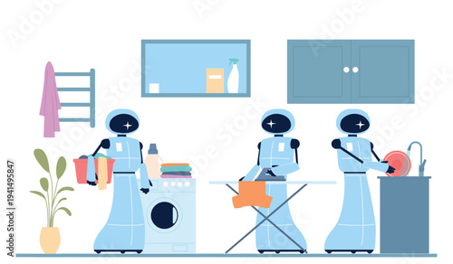 Robot helpers. Artificial intelligence robots help at home or apartment. Digital housekeepers, tech progress for simple human life, recent vector concept