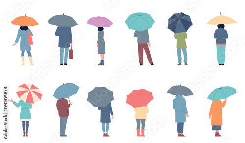 Stand with umbrella. Autumn spring characters holding different umbrellas. Flat men women standing under rain, back view, recent vector set