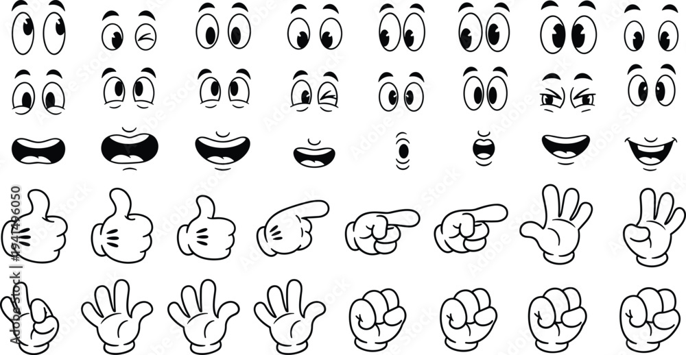 Obraz premium Retro Cartoon Character Creator Kit with Vintage Comic Eyes Mouth Expressions and Gloved Hands Gestures for Animation Design and Vector Illustration