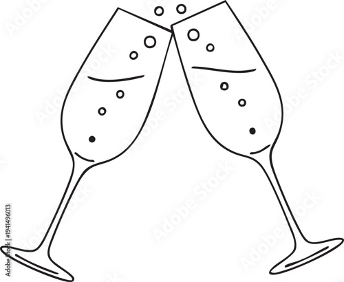 Vector illustration of a celebration toast featuring champagne glasses with liquid drops and bubbles isolated on a blue background for a wedding or anniversary party decoration