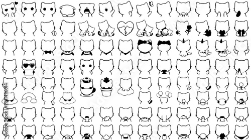 Various cute cat faces and expressions in black and white