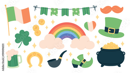 St. Patricks day elements. Cauldron pot with golden coins, flag and smoking pipe. Green shamrock or clover, green ale beer, ireland symbols racy vector set