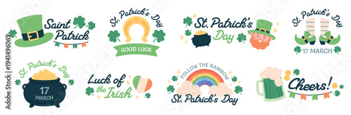 St. Patricks day text labels. Stickers with leprechaun character, rainbow, cauldron pot, golden coins, green ale beer and hat, racy vector set