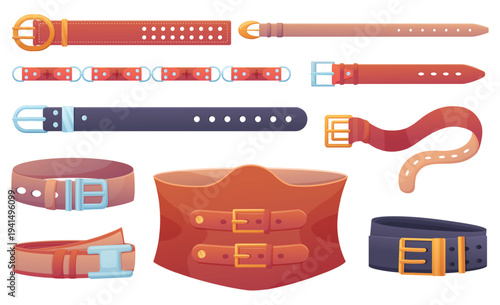 Leather belts with buckles. Wide narrow leatherette straps, fashion clothes accessories with silber golden buckle. Trendy belt, nowaday vector set