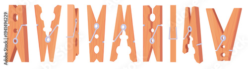 Clothespins. Wooden clothespin different rotations, laundry decorative tools. Household accessories for clothes, clatch for cord, cleaning nowaday vector elements
