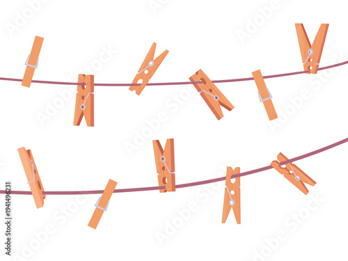 Clothespin on ropes. Wooden clothespins hanging on clothesline. Holders for clean clothes. Laundry accessories, air drying clothes, photo design, nowaday vector elements