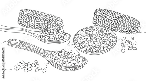 Corn kernels in spoons and bowl, harvest, food, agriculture, healthy eating, organic