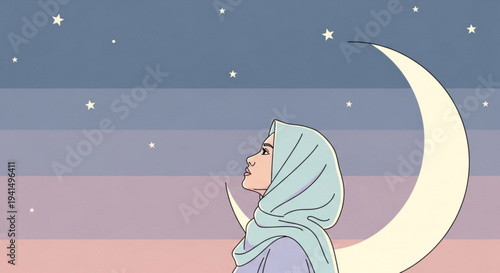 Woman in hijab gazes at night sky with crescent moon