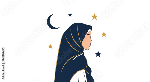 Serene woman in hijab gazing at stars and moon