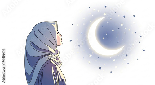 Woman in hijab gazing at night sky with crescent moon and stars