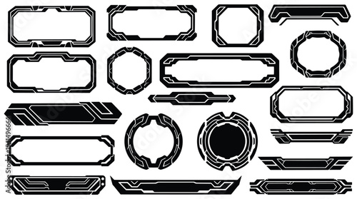Futuristic hud frame set with scifi digital interface borders and tech banners