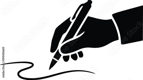 Black silhouette of hand holding pen and signing document with smooth line mark