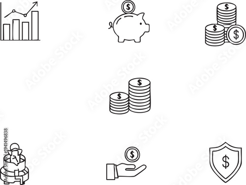 A professional business set featuring vector icons and illustrations of money, coins, and a financial crisis sign designed for web technology and robot finance