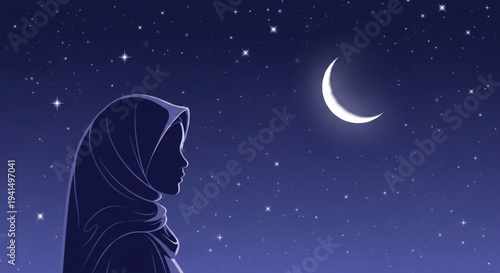 Woman in hijab gazes at serene crescent moon night sky
