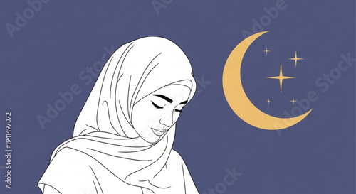 Serene woman in hijab smiling under crescent moon