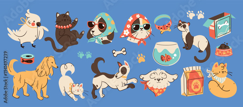 Cute Pets Cartoon Character Set with Cats Dogs Bird and Pet Accessories