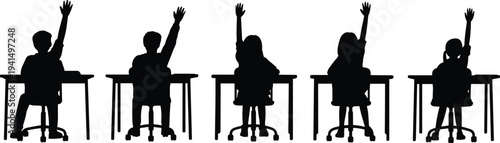 Children raising hands in classroom, student participation, school education concept, learning environment, academic engagement, silhouette illustration, flat vector illustration