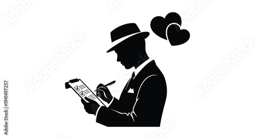 A sharply dressed man in a fedora writes on a clipboard surrounded by hearts a romantic black silhouette high quality professional