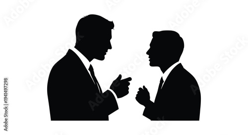 Two men in suits are depicted facing each other in an intense discussion presented as a striking silhouette high quality professional