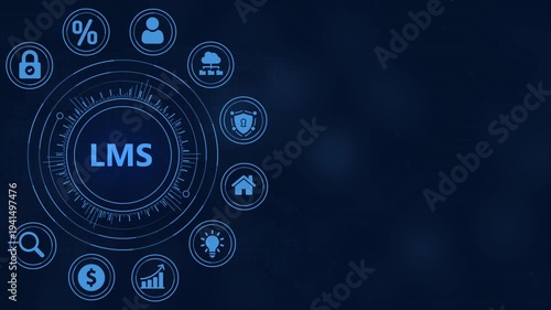 Digital Learning Management System LMS Interface with Icons and Data Visualization on Dark Blue Background Keywords: LMS, learning management system, education, online learning