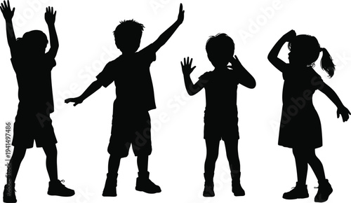 Children silhouettes standing playful poses, kids interaction art, dynamic movement illustration, joyful activity concept, expressive gestures design, flat vector illustration