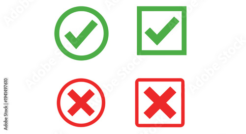 Green and red checkmark and cross symbols in circles and squares