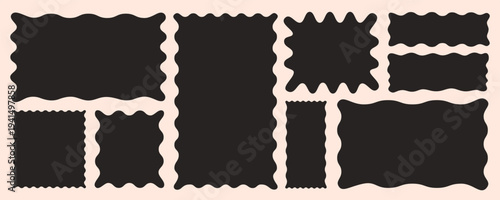 Shape frame square rectangle doodle set with wavy organic borders in black on beige background. Wavy shape frame vector collection with hand drawn square and rectangle forms