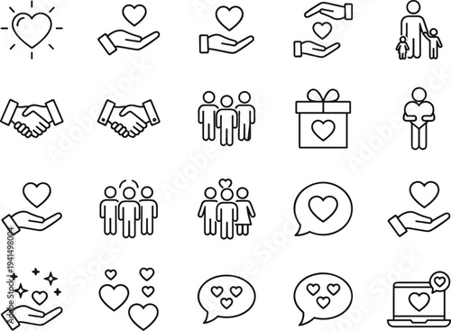 Charity and community vector icon set featuring minimalist line art of hearts, helping hands, family, gifts, and social support.