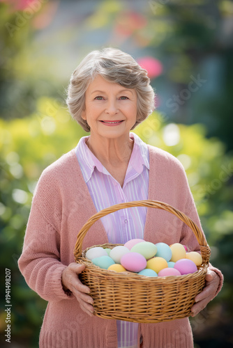 Smiling Senior Woman Holding Wicker Basket with Pastel Easter Eggs in Garden