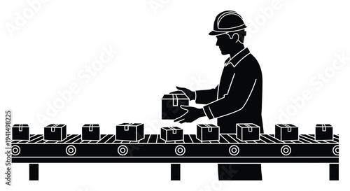 A worker in a hard hat carefully places a package onto a conveyor belt filled with boxes silhouette high quality professional