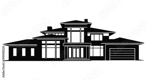 A striking black silhouette of a modern expansive house with multiple levels and a garage silhouette high quality professional detailed modern
