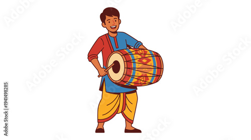 Man playing traditional dhak drum in a cultural setting