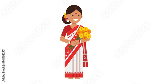 Woman in traditional attire holding marigold flowers in a cultural setting