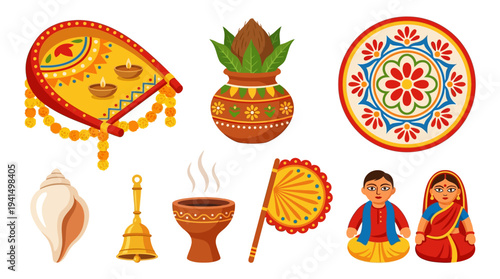 Traditional Bengali folk dancers performing cultural dance with festive decorations and accessories