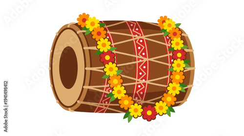 Traditional drum adorned with floral garland in cultural celebration