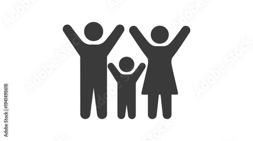 Family icon showing two adults and a child with raised arms, symbolizing unity, love, and togetherness for family, parenting, and home lifestyle content.