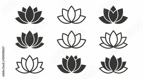 Nine lotus flower icons in black, white, and outline styles for logos, branding, and graphic design projects