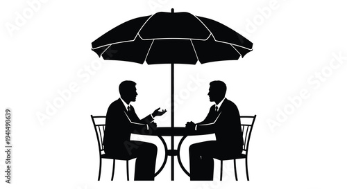Two men are seated at a table under a large umbrella engaged in conversation black silhouette high quality professional detailed modern