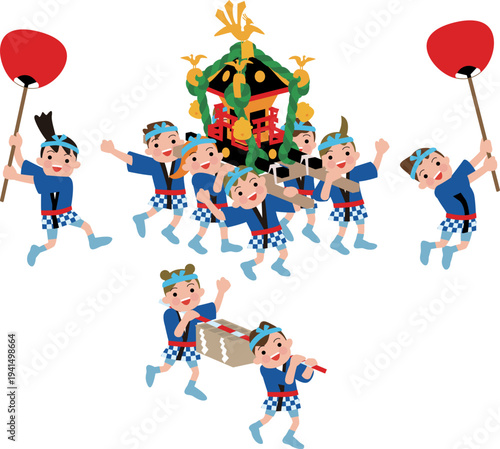 日本の伝統行事。お神輿、賽銭箱を担ぐ子供たちのイラスト