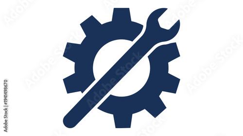Blue gear with a diagonal wrench icon representing settings, maintenance, and repair tools