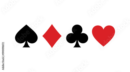 Minimalist four-suit playing cards icon set featuring black spades and clubs with red diamonds and hearts.