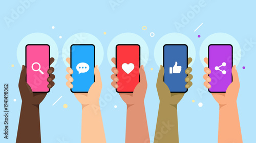 Diverse group of people holding up smartphones displaying social media icons like heart, chat, and thumbs up against a light blue background