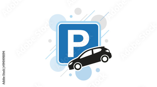 Blue parking sign icon with a small car, representing street parking and parking lot concepts