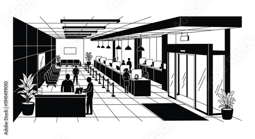 A stark black and white illustration depicts a busy bank interior with people and desks rendered as a silhouette high quality professional detailed