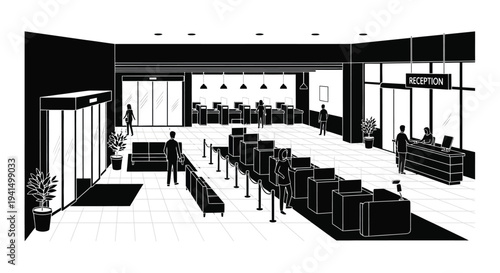 A modern hotel lobby interior is depicted with people and furniture presented in a striking black silhouette high quality professional detailed