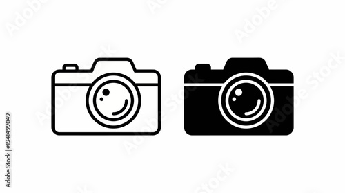 Pair of camera icons on light and dark backgrounds, symbolizing photography, camera equipment, and image capture