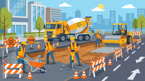 City road construction worksite with excavator barriers and crew