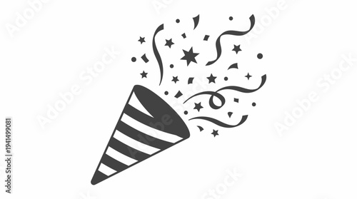 Silhouette party popper bursting with confetti and stars, celebration icon for parties, events and festive decor