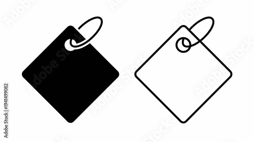 Two diamond-shaped price tags, one solid black and one white outline, hanging on metal rings