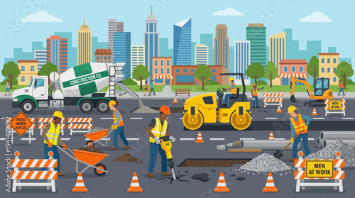 Urban street construction site with machinery cones and workers